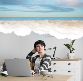 Image of Young woman dreaming about vacation at table in office