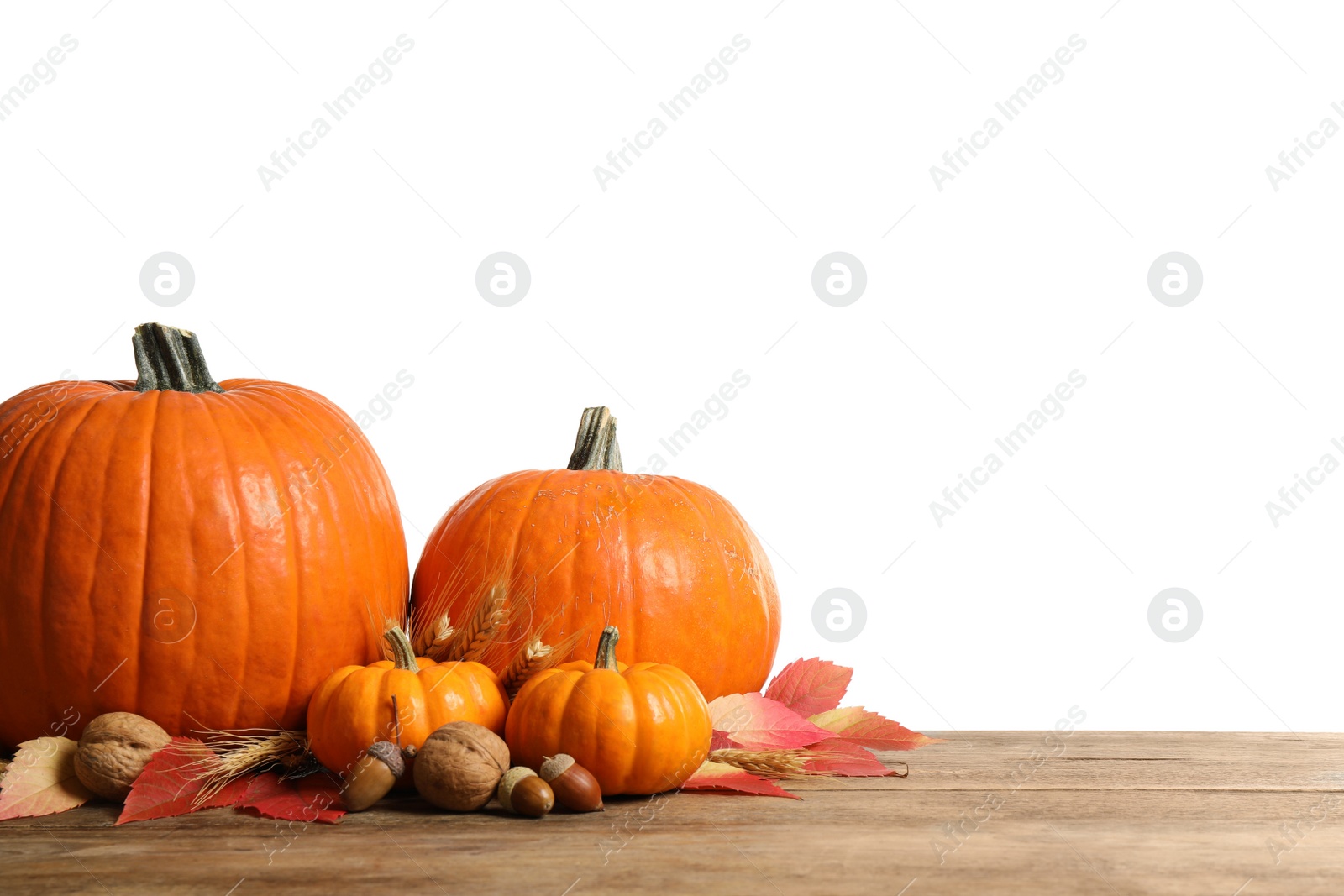 Photo of Composition with ripe pumpkins and autumn leaves on wooden table against white background. Happy Thanksgiving day