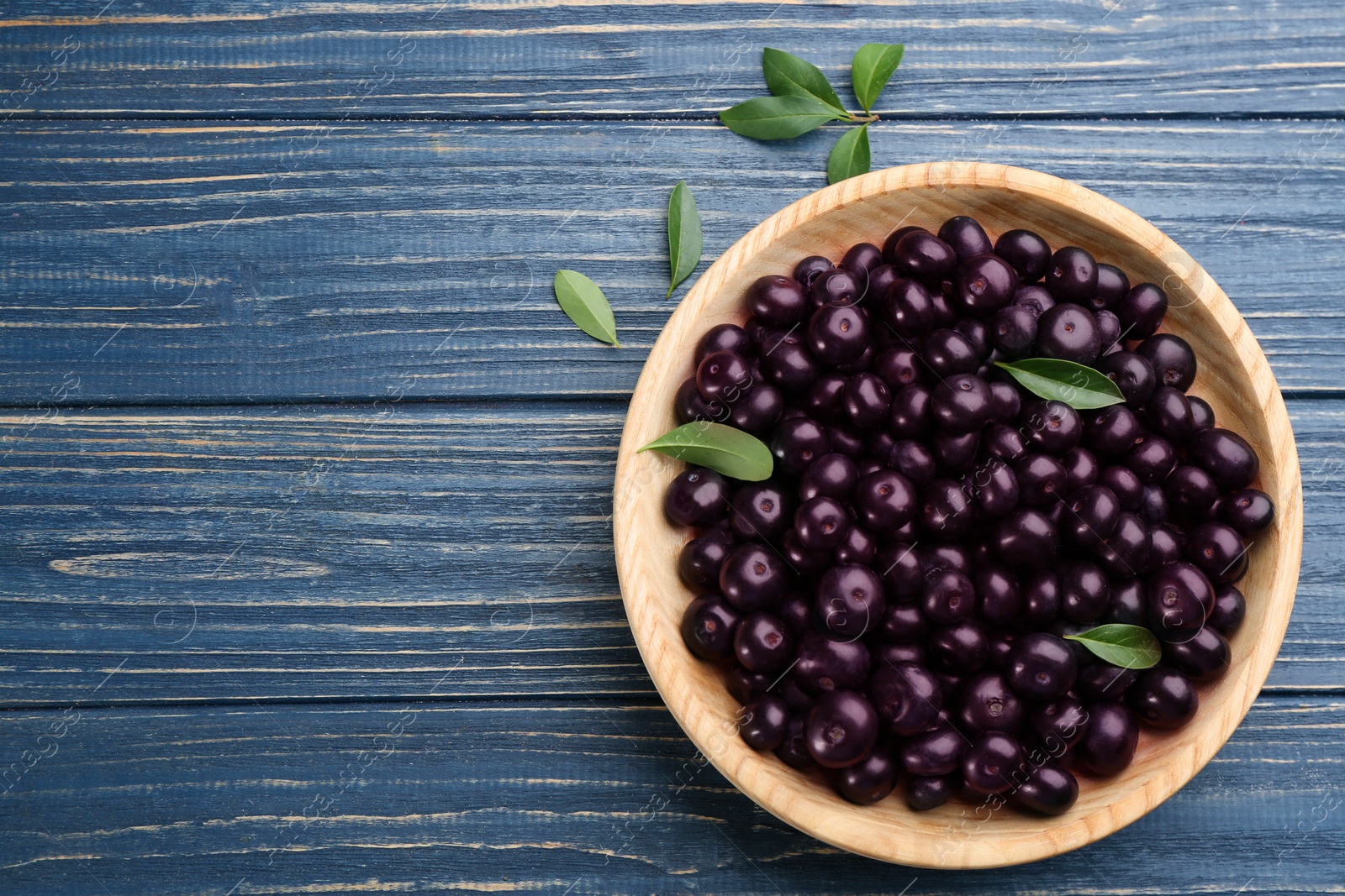 Photo of Fresh acai berries in bowl and leaves on blue wooden table, flat lay. Space for text