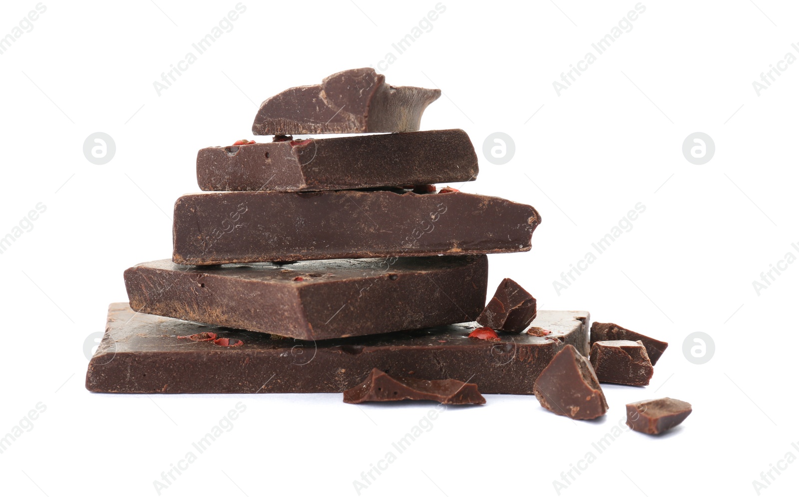 Photo of Delicious black chocolate pieces on white background