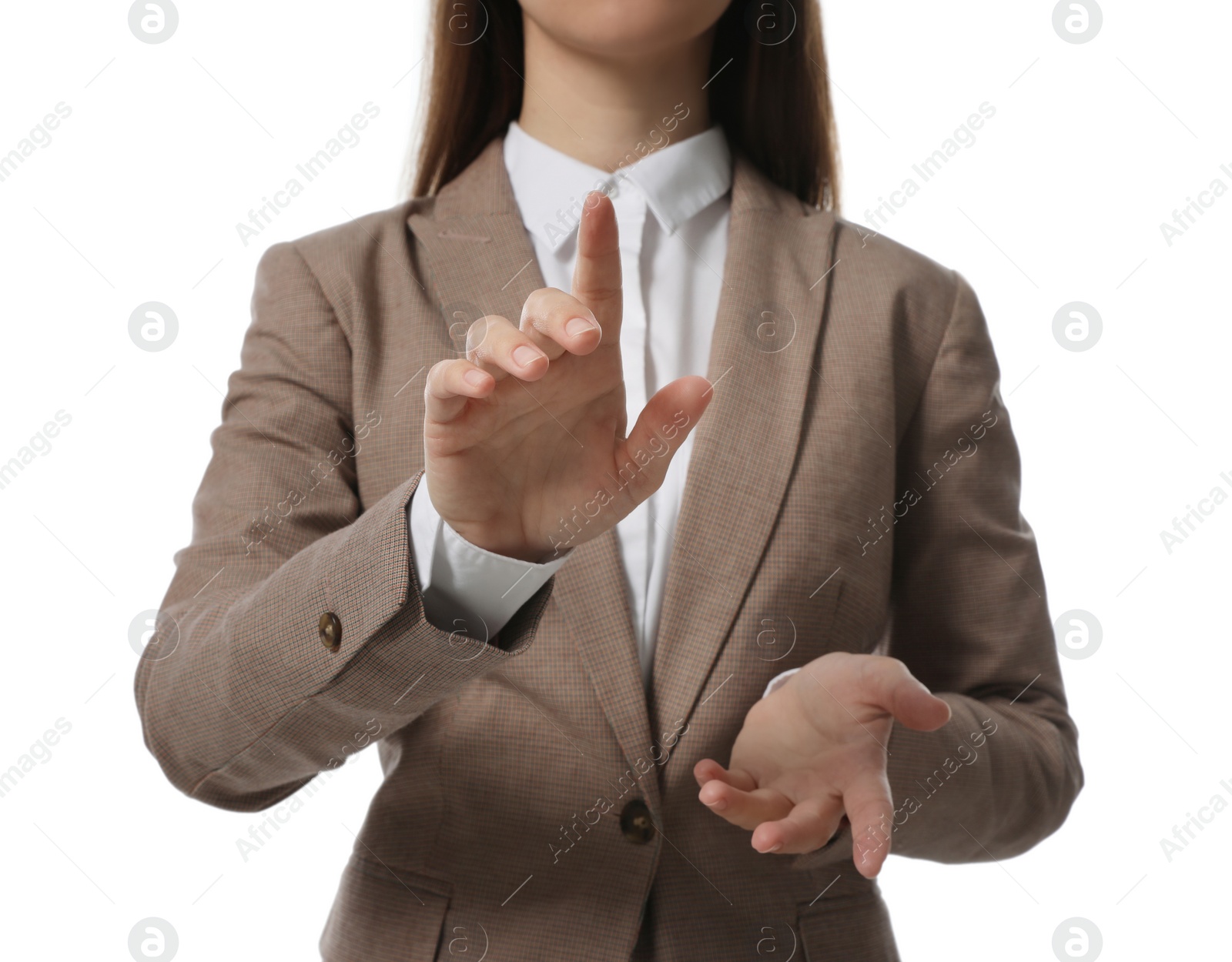 Photo of Businesswoman touching something on white background, closeup