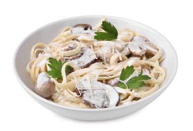 Photo of Delicious pasta with mushrooms on white background