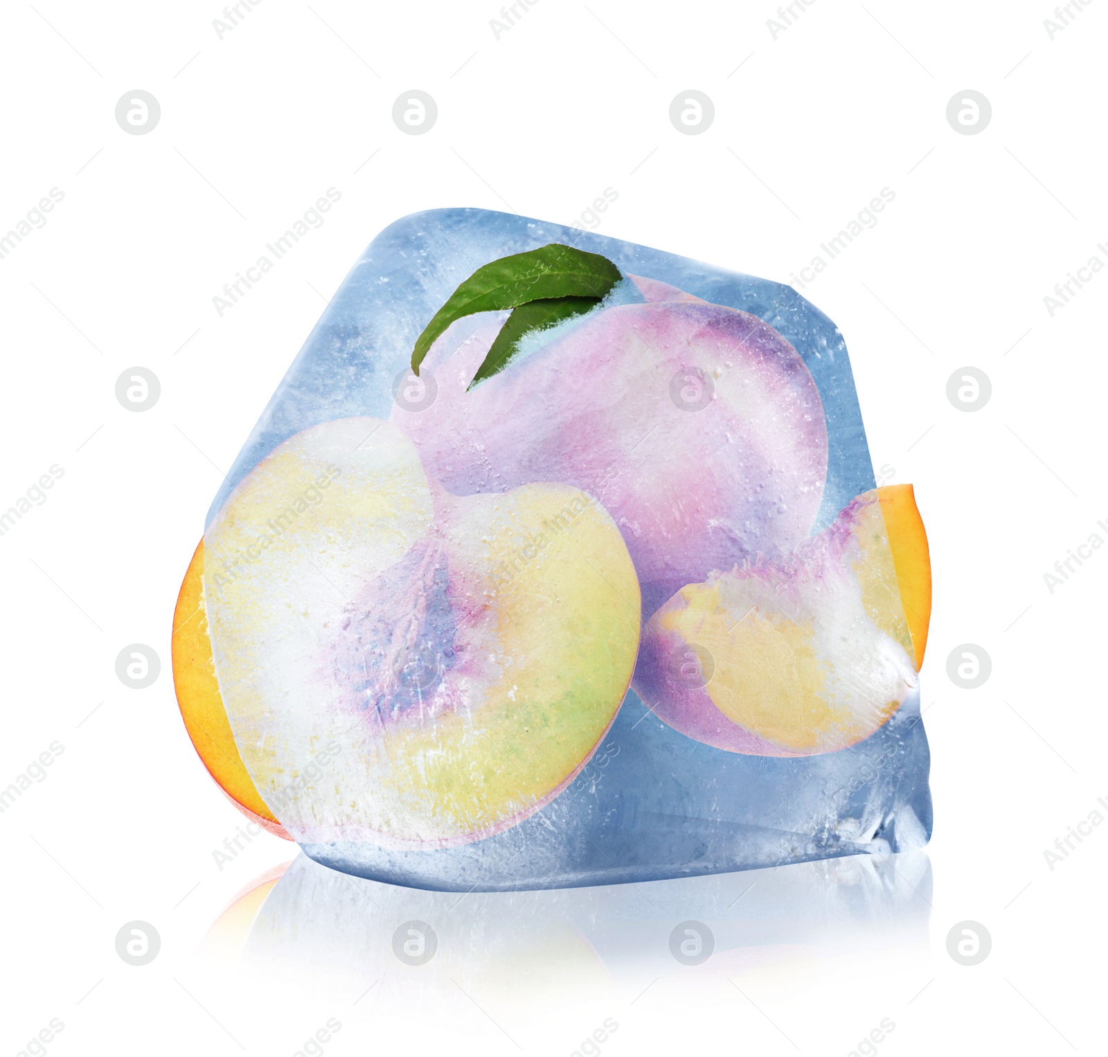 Image of Frozen food. Raw peaches in ice cube isolated on white