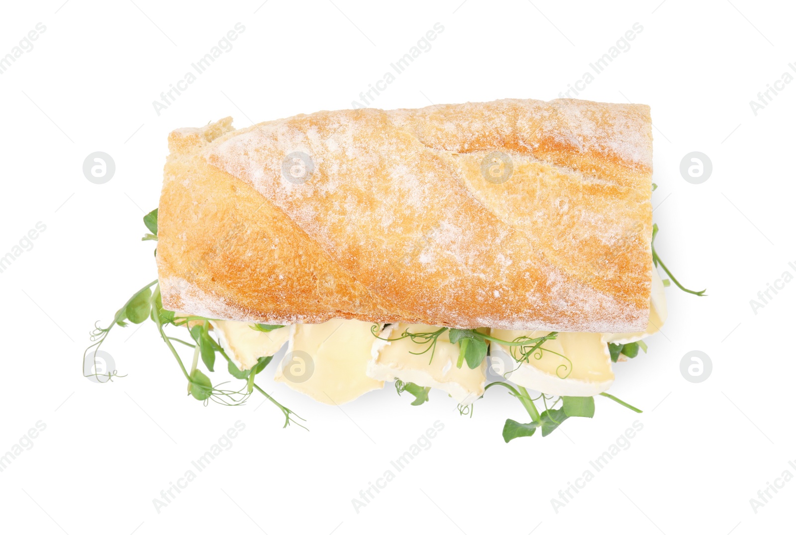 Photo of Tasty sandwich with brie cheese isolated on white, top view