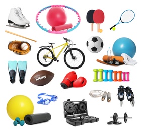 Image of Set of different sport equipment on white background