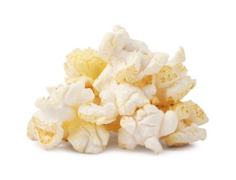 Photo of Fresh popcorn isolated on white. Tasty snack