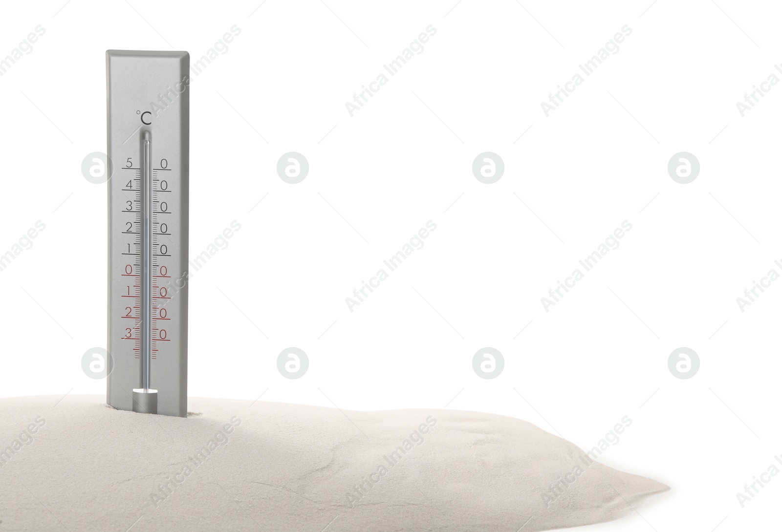 Photo of Weather thermometer in sand against white background