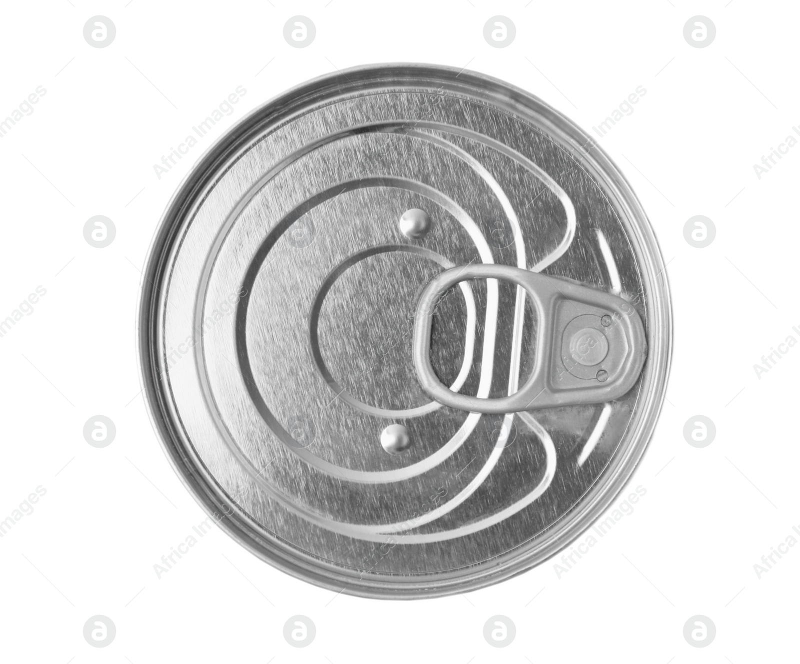 Photo of One closed tin can isolated on white, top view