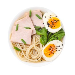 Photo of Bowl of delicious ramen with meat isolated on white, top view. Noodle soup