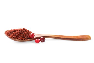 Wooden spoon with dried cranberry powder and fresh berries isolated on white