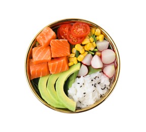 Delicious poke bowl with salmon, avocado and vegetables isolated on white, top view
