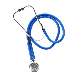 Photo of Modern stethoscope on white background. Medical device