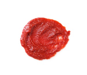 Tasty tomato paste isolated on white, top view