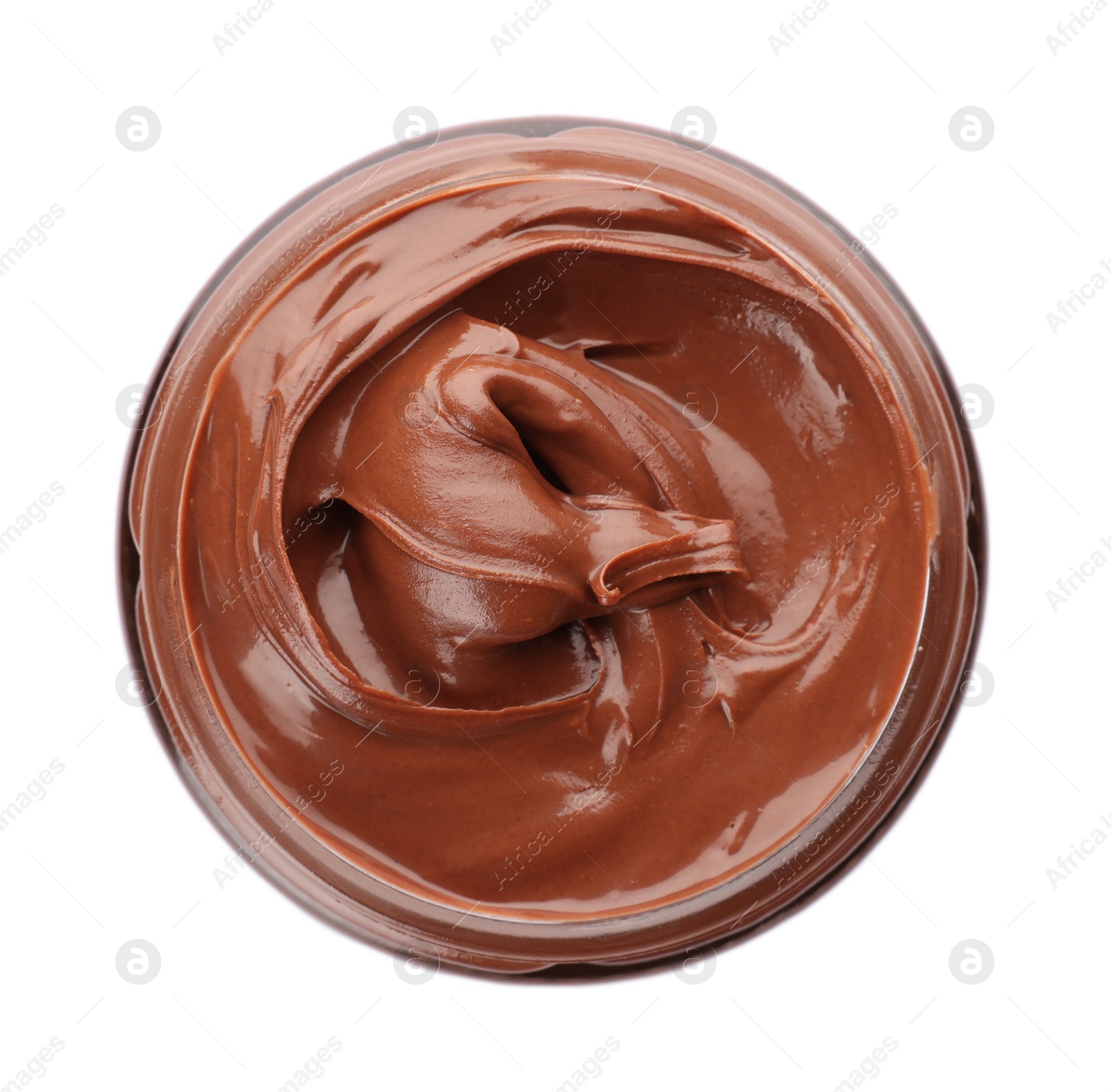 Photo of Glass jar of chocolate paste isolated on white, top view