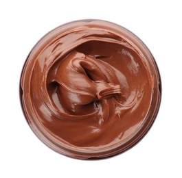 Glass jar of chocolate paste isolated on white, top view