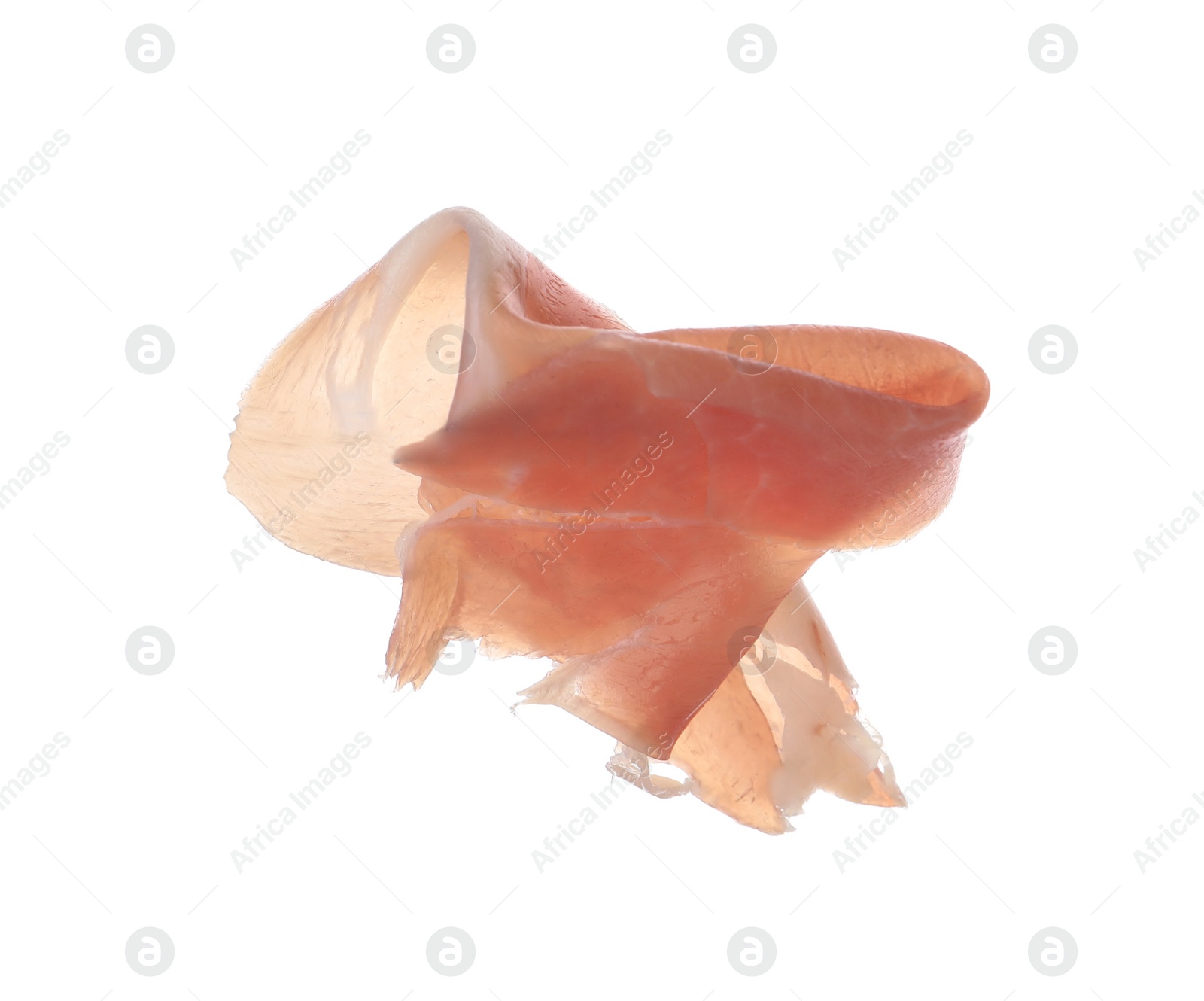 Photo of Slice of tasty prosciutto isolated on white