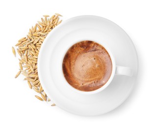 Photo of Cup of barley coffee and grains isolated on white, top view