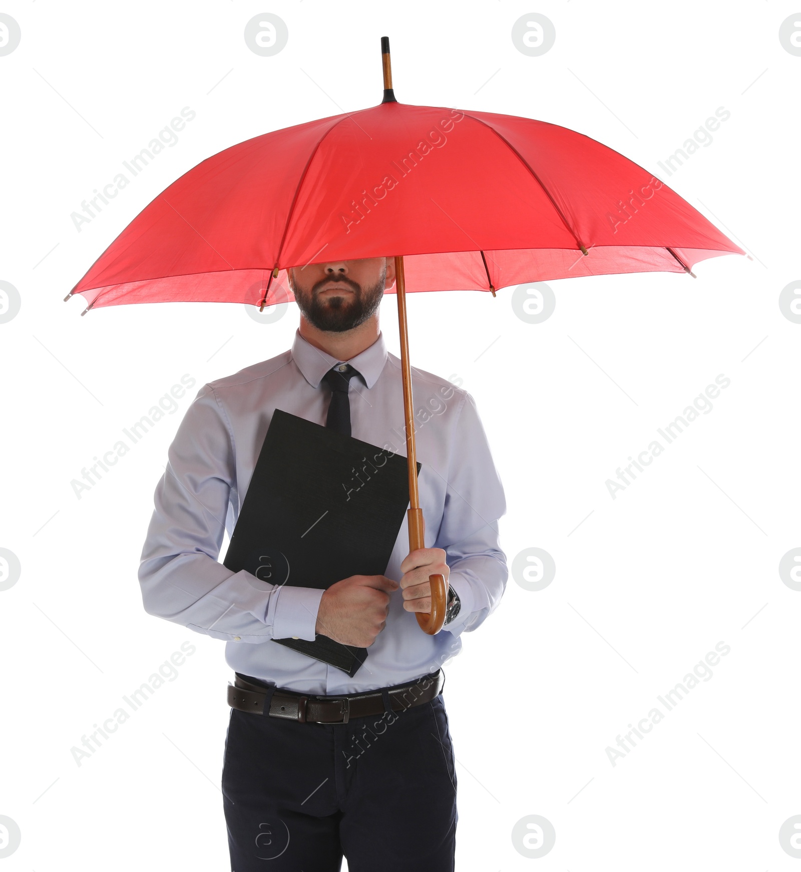 Photo of Businessman with red umbrella on white background