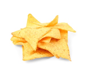 Tasty Mexican nachos chips on white background