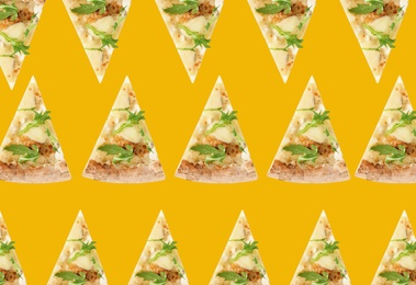 Image of Cheese pizza slices on yellow background. Pattern design 
