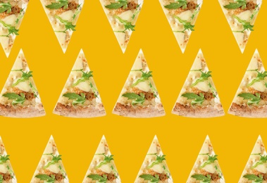 Cheese pizza slices on yellow background. Pattern design 