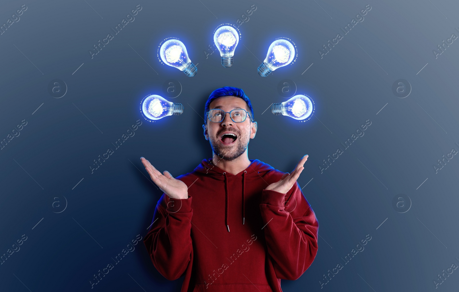 Image of Idea generation. Man on color background. Illustrations of light bulb over him