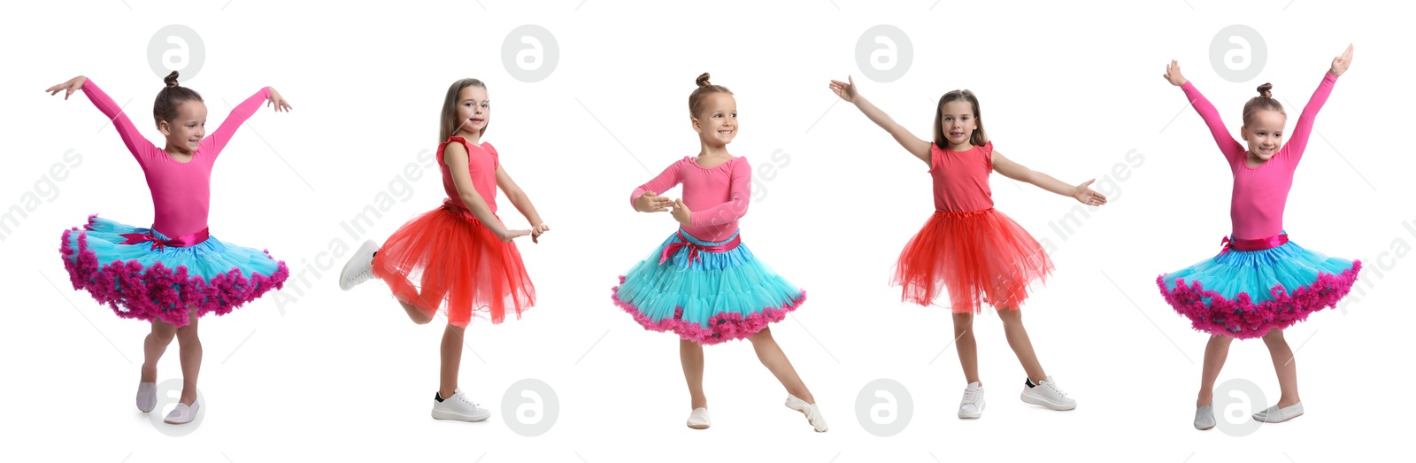 Image of Cute little girls dancing on white background, set of photos