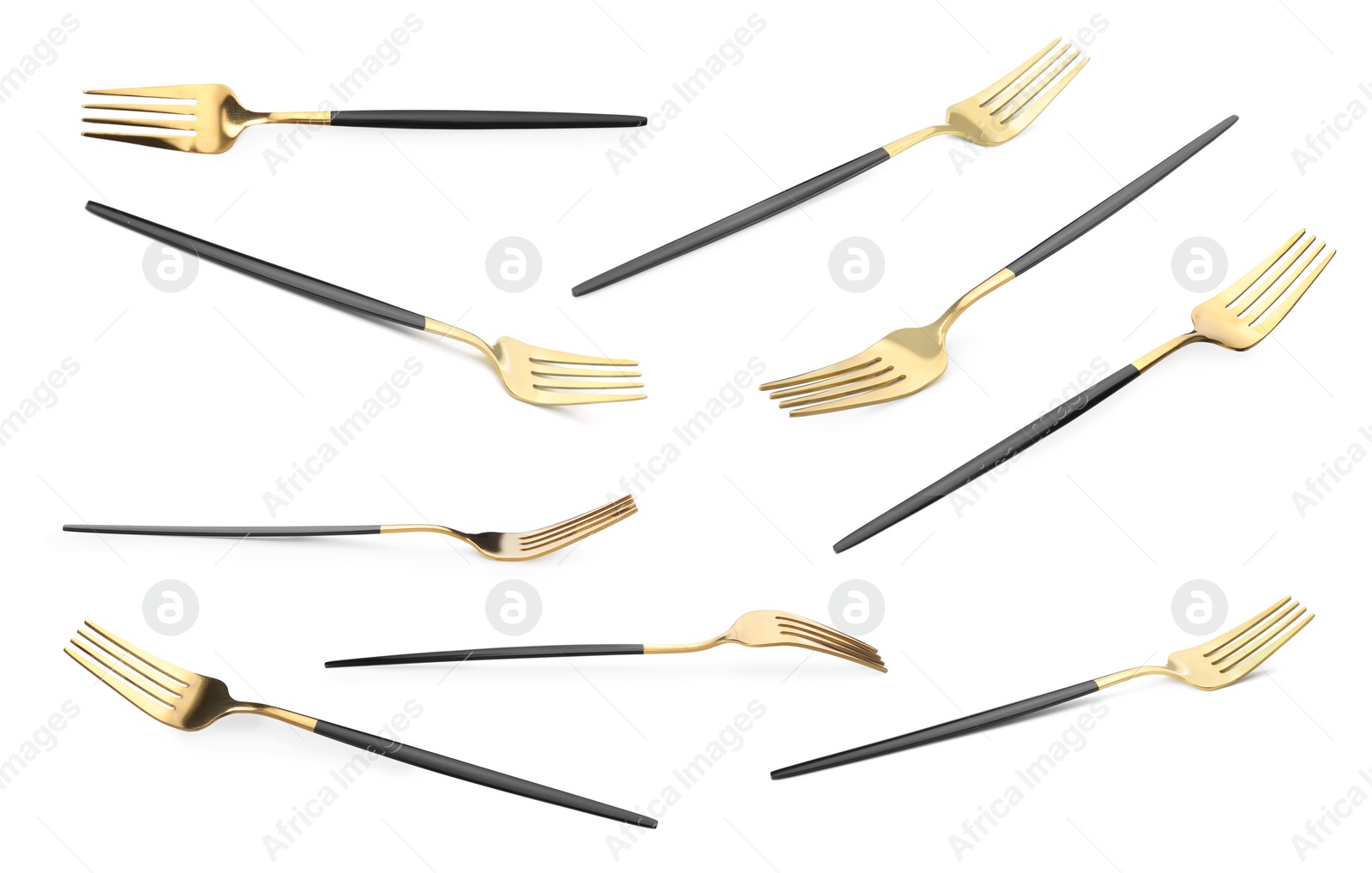 Image of Shiny golden forks isolated on white, set