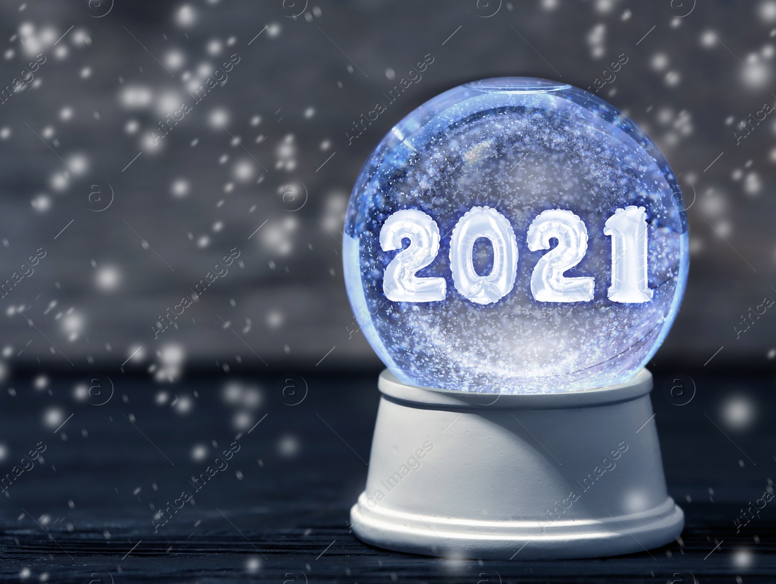 Image of Snow globe with numbers, space for text. 2021 New Year greeting card design. 