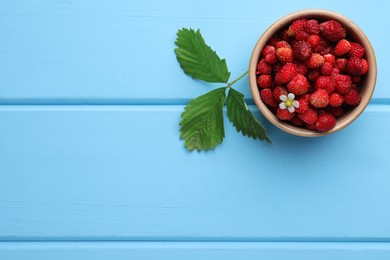 Fresh wild strawberries and flower in bowl near leaves on light blue wooden table, flat lay. Space for text