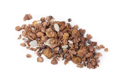 Photo of Pile of granola on white background, top view. Healthy snack