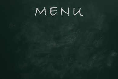 Image of Green chalkboard with word Menu as background. Mockup for design