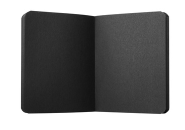 Photo of Stylish open black notebook isolated on white, top view