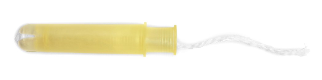 Photo of Applicator tampon on white background, top view. Menstrual hygiene product