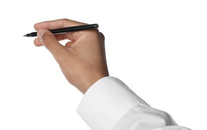 Photo of Man holding pen on white background, closeup of hand