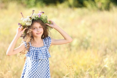 Cute little girl wearing wreath made of beautiful flowers in field on sunny day