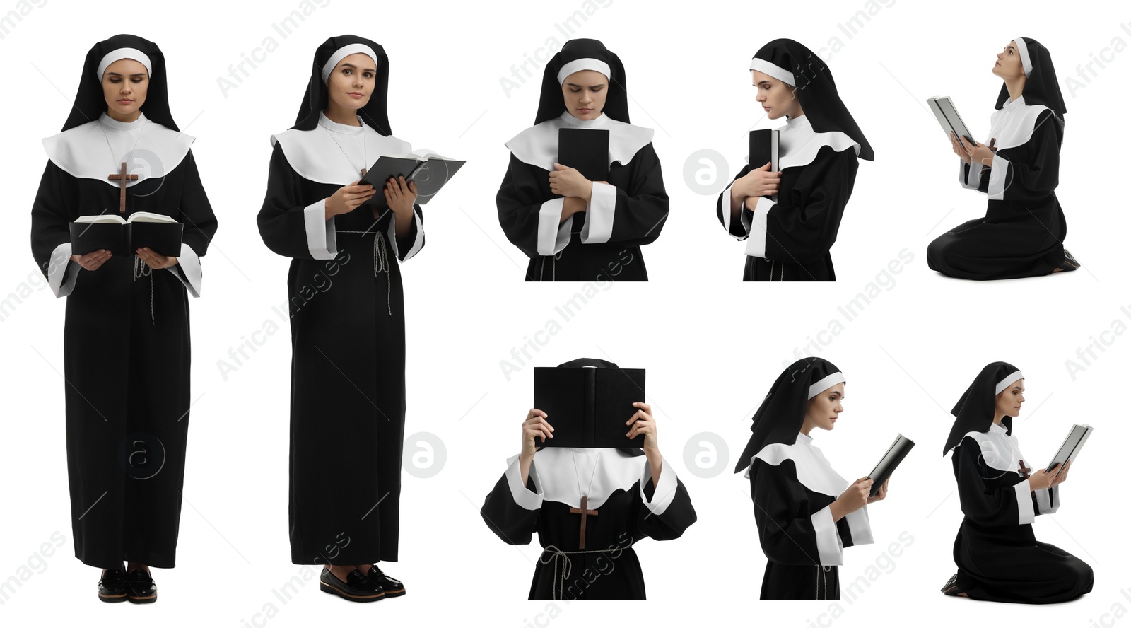 Image of Collage with photos of young nun holding Bible and praying on white background