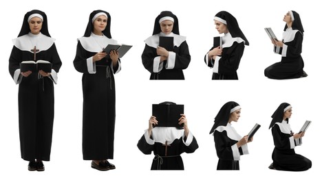 Collage with photos of young nun holding Bible and praying on white background