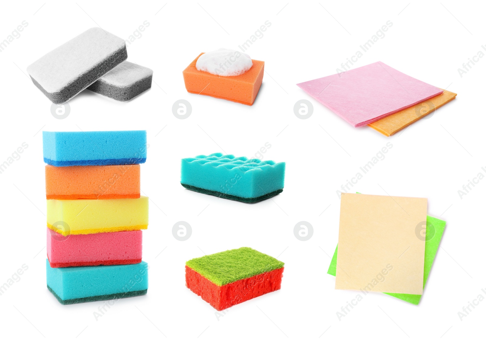 Image of Set with different sponges on white background. Cleaning service 