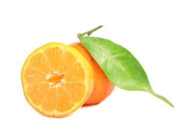 Photo of Tasty ripe tangerines on white background. Citrus fruit