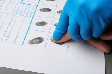 Photo of Investigator taking fingerprints of suspect at table, closeup. Criminal expertise
