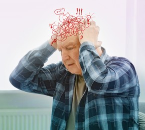 Image of Senior man suffering from dementia at home. Illustration of messy thoughts during cognitive impairment