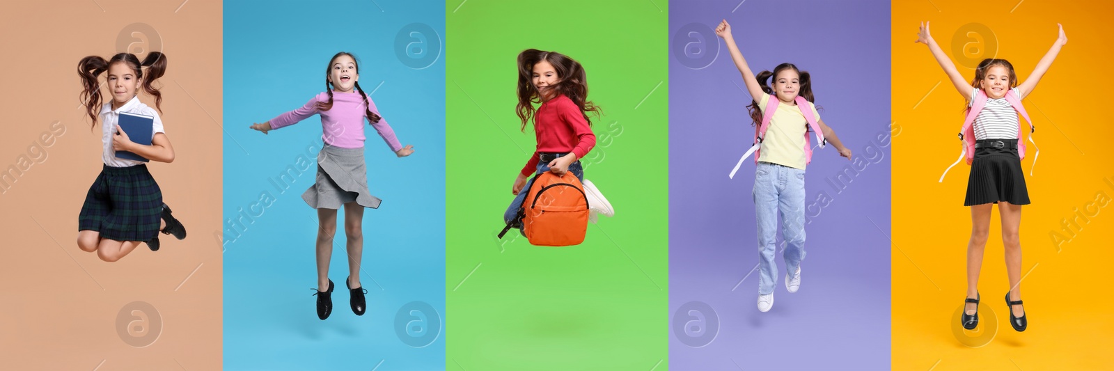 Image of Schoolgirl jumping on color backgrounds, set of photos