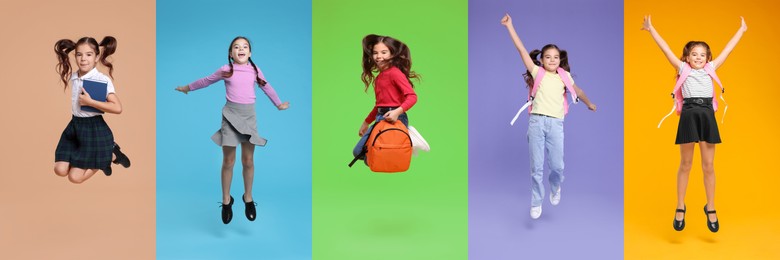 Schoolgirl jumping on color backgrounds, set of photos