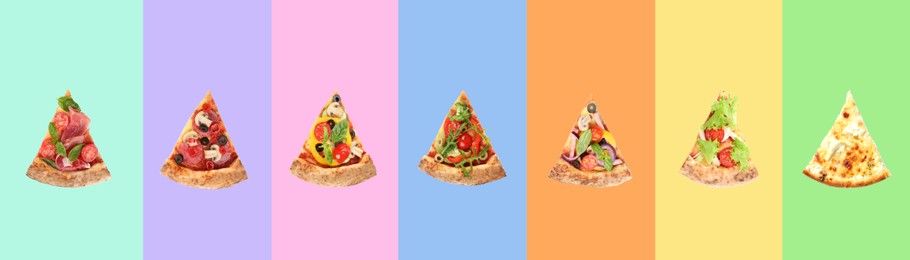 Image of Set with slices of delicious pizzas on different color backgrounds, top view. Banner design