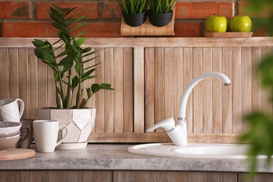 Photo of Stylish sink and faucet in modern kitchen. Idea for home design