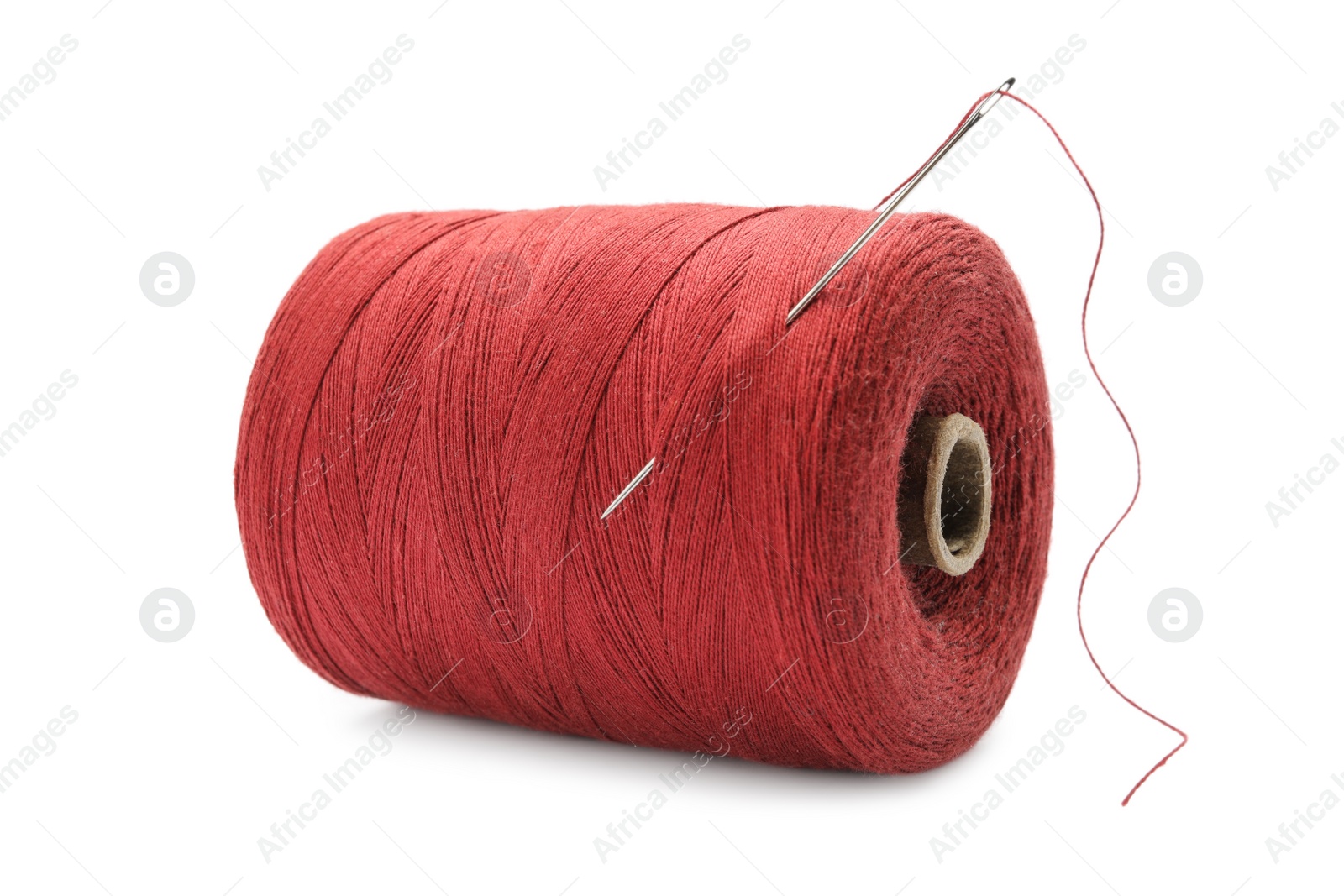 Photo of Red sewing thread with needle on white background