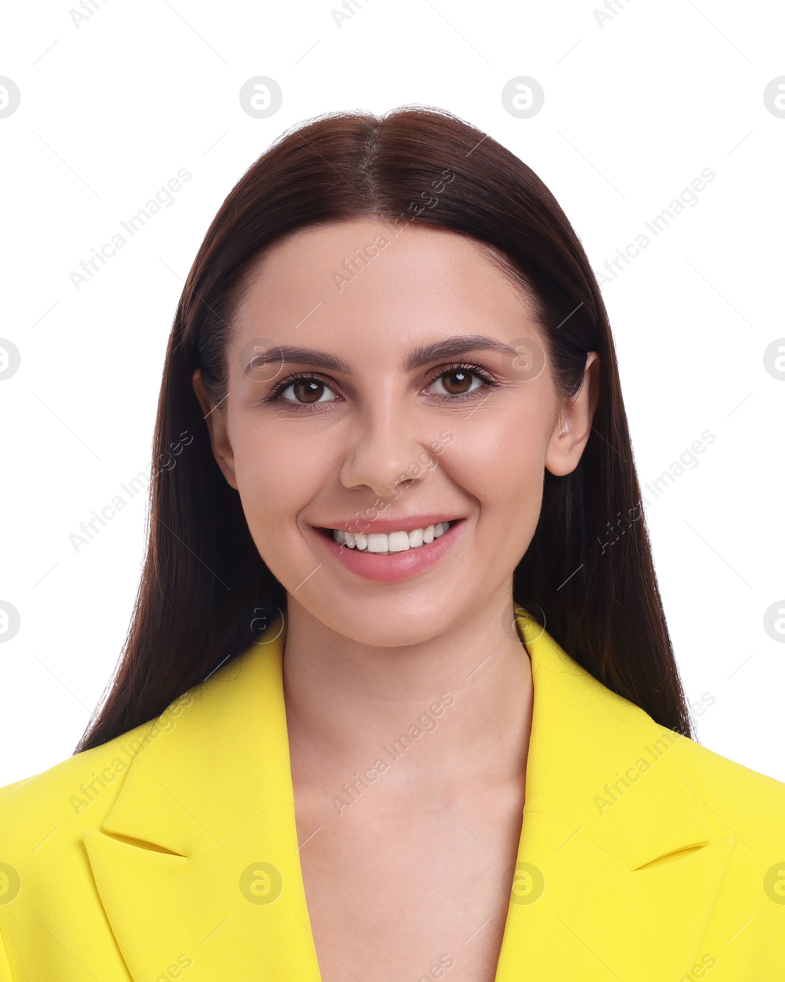 Image of Passport photo. Portrait of woman on white background