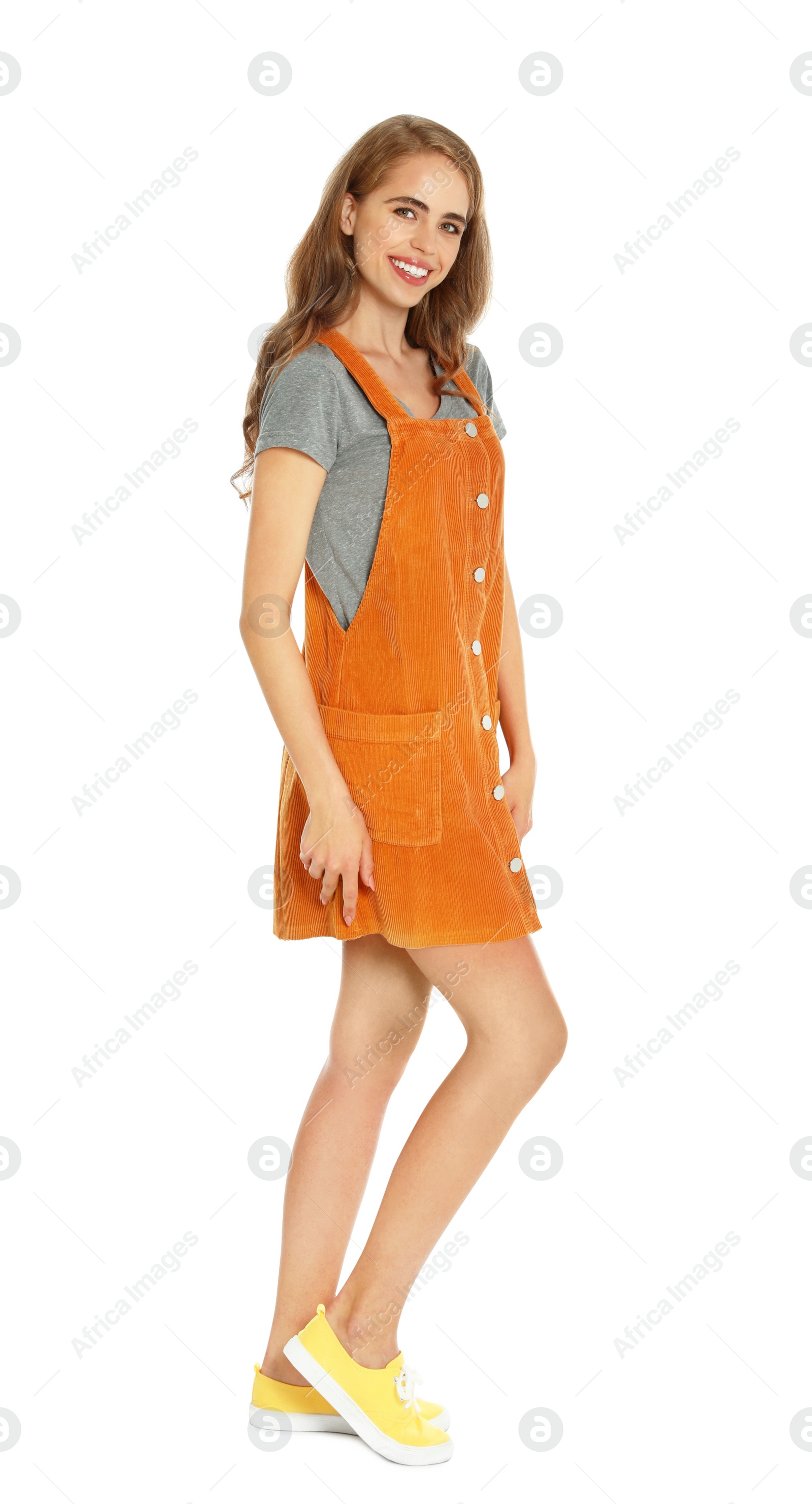 Photo of Full length portrait of young woman on white background