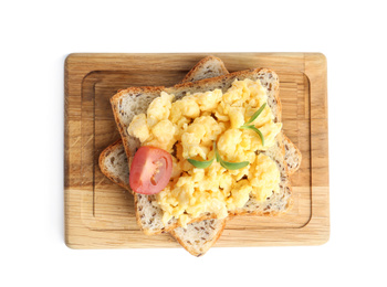 Photo of Tasty scrambled egg sandwich isolated on white, top view